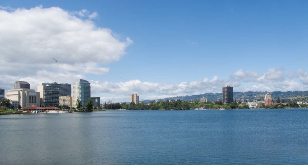 An urban lake (Lake Merritt) is ringed by buildings, some of them tall. Houses can be seen dotting the hills above the city. Fluffy clouds hang low to the ridge. A seagull swoops above the water.