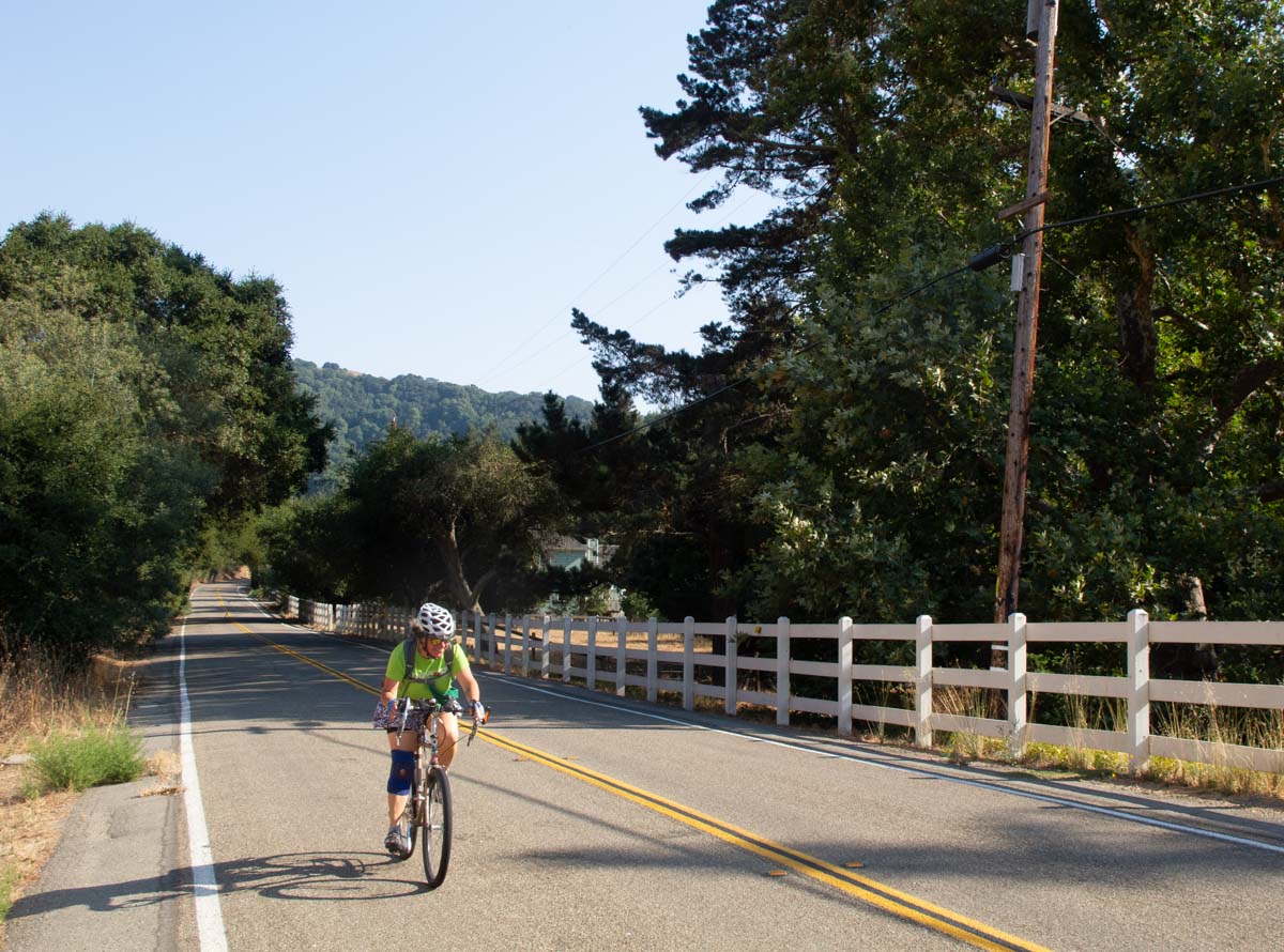 A woman on a bicycle rides down a quiet road, apparently moving quickly. A white wooden farm fence is seen on the other side of the road. The hillside behind the woman is covered with oaks; one also overhangs the road near the woman. The day is sunny; long shadows suggest it is late in the afternoon.