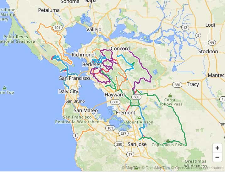A map of the San Francisco Bay Area, with many routes displayed, stretching from Petaluma in the north to San Jose in the south. The highest density is in the East Bay near Berkeley.